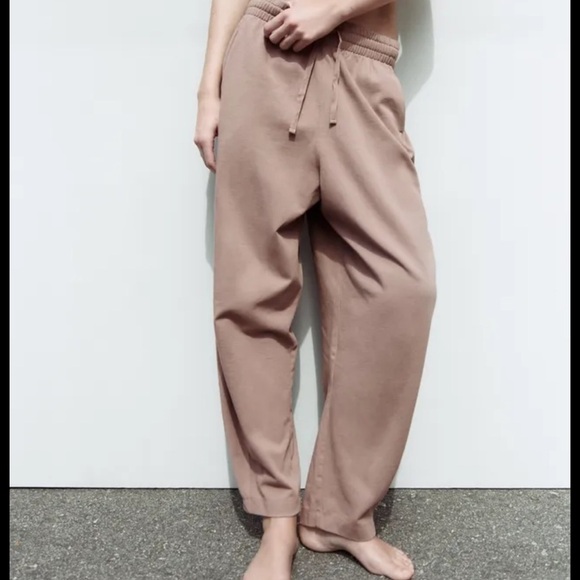 Zara Sweatpants Women Small Slouchy Tan High Waisted Baggy Light weight  B12 - Picture 1 of 12